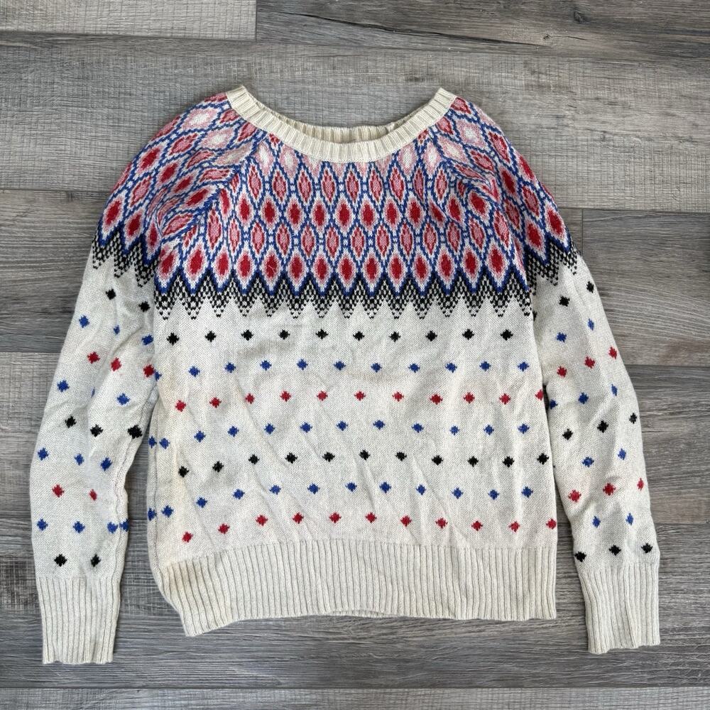 American Eagle Womens Sweater Medium Beige Red Fair Isle Colorful Round Neck